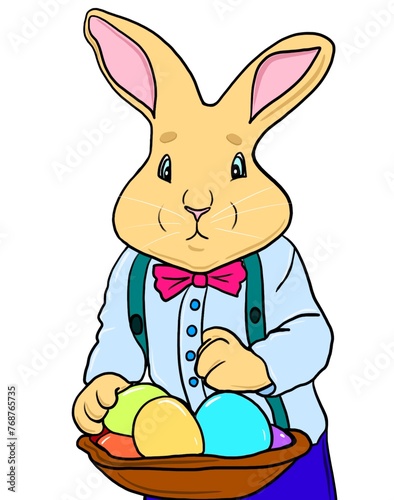 Easter rabbit in a shirt holds a basket with colored eggs standing and looking