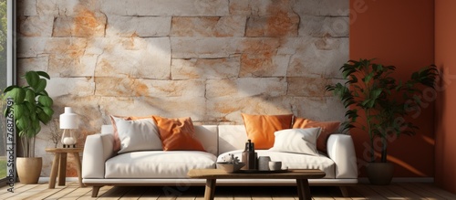 Minimalist home interior design of modern living room White sofa against terra cotta marble stone paneling wall photo