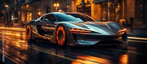 Modern futuristic car in movement. Cars lights on the road at night time © GoDress