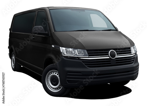 Modern European passenger minibus, front side view isolated on white background in png format, black color.