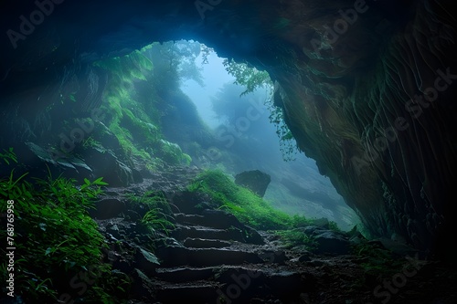 Mysterious Cave Entrance  Entrance to a cave shrouded in mist  creating a sense of mystery and adventure.  