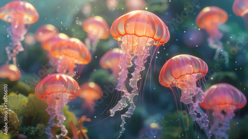 An underwater scene where jellyfish emit a soft, pulsing glow, showcasing animation techniques for a lifelike effect.