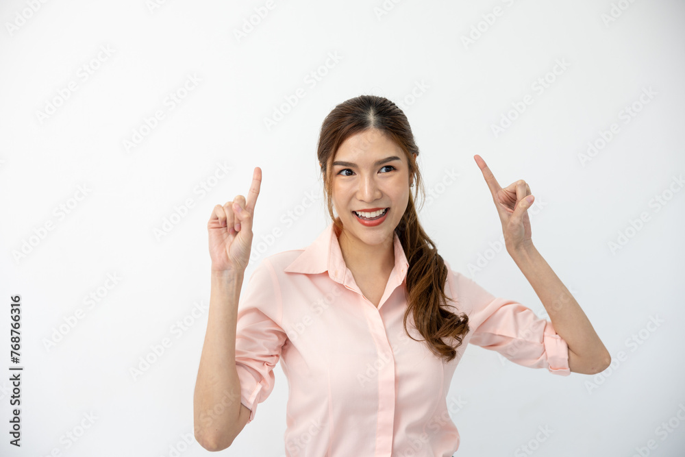 Presentation Concept: Asian Woman Demonstrating Gesture, Pointing to Space on White Background, Creative Expression of Ideas Presentation Concept: Asian Woman Demonstrating Gesture, Pointing to Space on White Background, Creative Expression of Ideas
