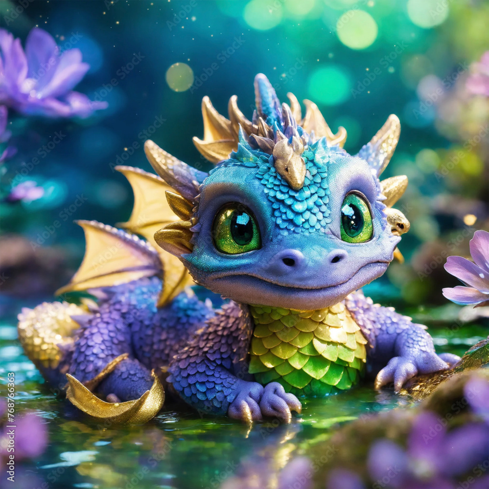 Cute colorful shiny baby dragon - AI generated 