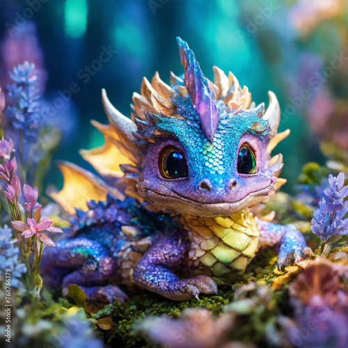 Cute colorful shiny baby dragon - AI generated 