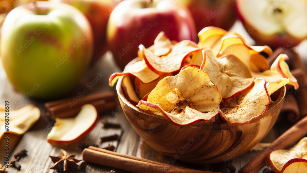 A homey arrangement of dried apple slices and cinnamon sticks evoking autumnal warmth.