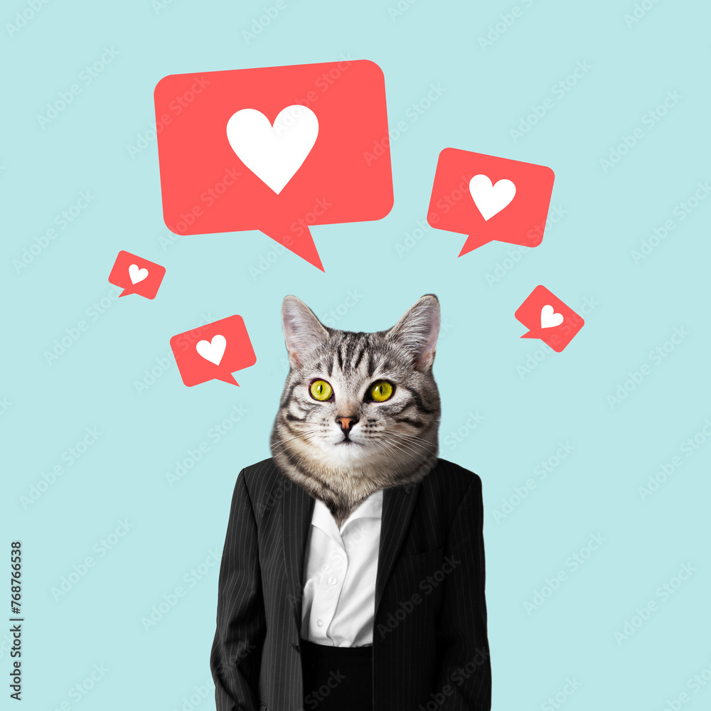 Contemporary art collage in abstract magazine design. Marketing worker, influencer human body with cat head with like simbols. Social media content, internet, social approval concept