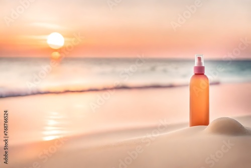 orange pinkish body lotion cream container on the beach , summer  sunset , cosmetics brand template photo