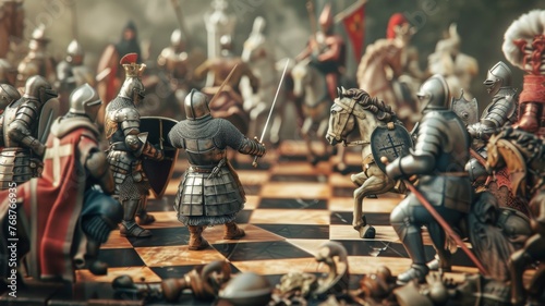A powerful depiction of a medieval battle scene depicted on a chessboard