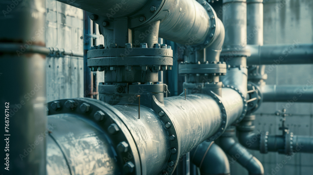Industrial pipes and valves weave a complex network in a high-pressure, grayscale atmosphere. Industrial pipes and valves weave a complex network in a high-pressure, grayscale atmosphere.