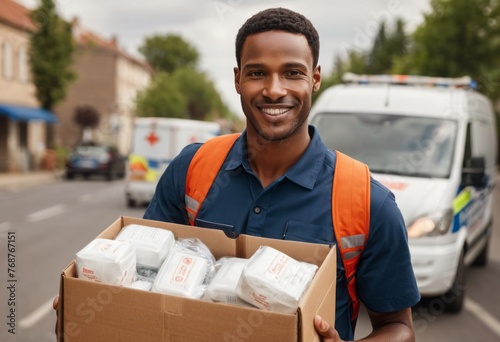 A delivery man holding a box and smiling courteously outdoors. The delivery van and buildings are in the background. photo