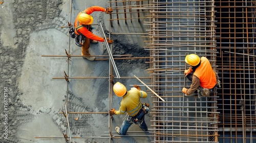 Construction workers in safety gear installing rebar at a construction site.