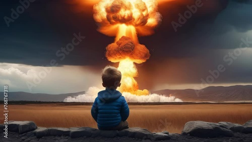 Little boy watching huge nuclear bomb explosion with a mushroom cloud in the desert, back view, weapon of mass destruction. Retro style photo