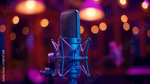 Audio microphone in recording studio The background has blurred sparkling lights.ai generated.