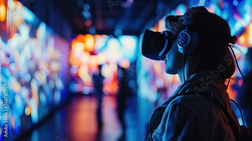 Woman experiencing virtual reality headset with colorful neon lights in background.