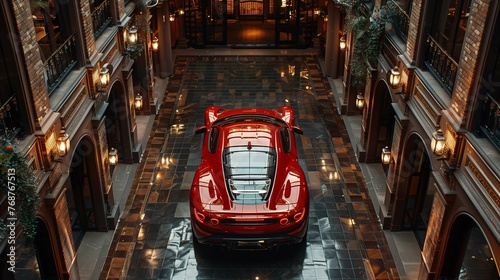 Red Sports Car in Opulent Arcade Interior