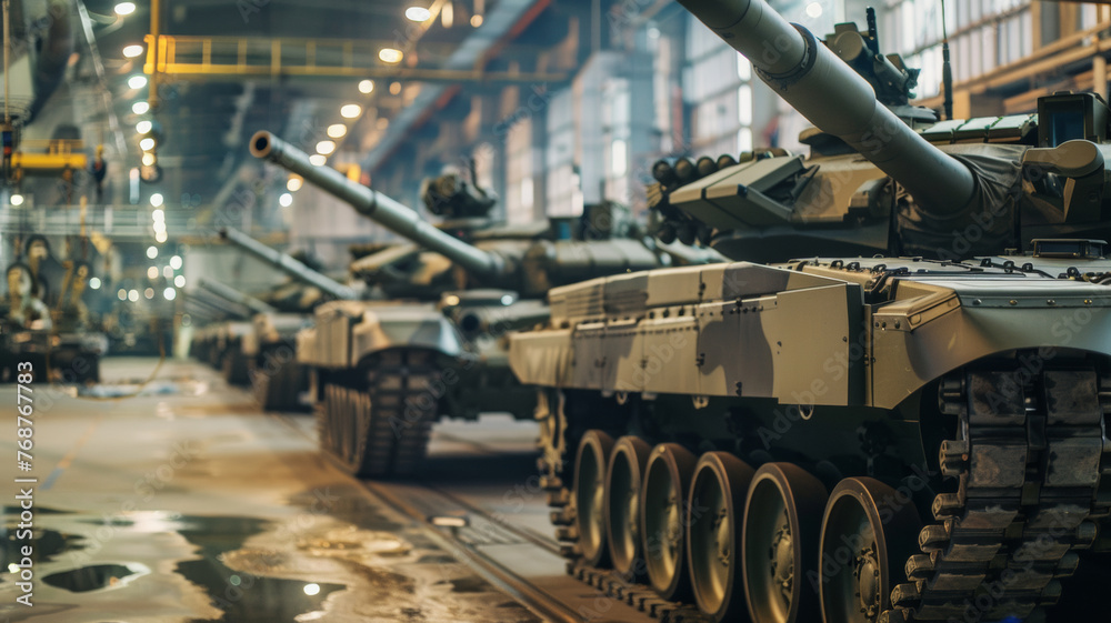 Military tanks lined up in a hangar, poised for deployment. Military tanks lined up in a hangar, poised for deployment.