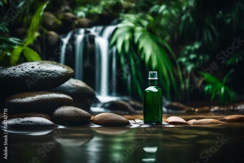 green shampoo container bottle in front of a fresh tropical waterfall