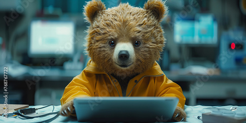 Adventurous Tech-Savvy Bear Masters Computer Skills in Lab: A Banner Image