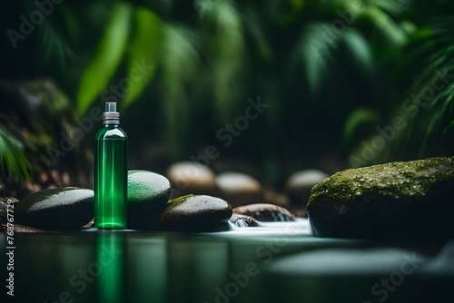 green shampoo container in front of a paradisiac tropical waterfall