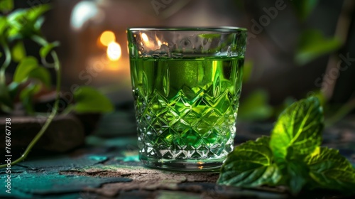 Green Absinthe in crystal glass on table