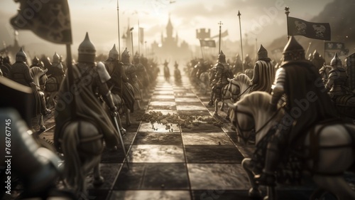A dramatic medieval battle scene unfolding on a chessboard
