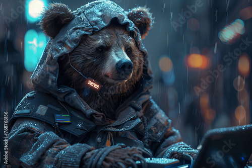 Futuristic Cybernetic Bear Soldier in a Snowy Urban Landscape Banner