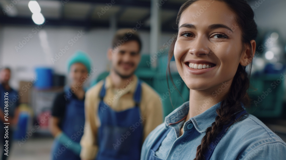 Confident female worker with colleagues in background at a modern manufacturing plant. Confident female worker with colleagues in background at a modern manufacturing plant.