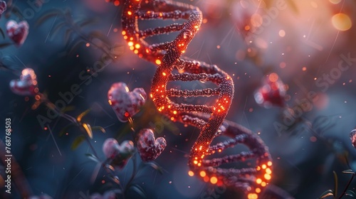 A close-up on a DNA helix with heart symbols entwined, highlighting genetic predisposition in a scientific ambiance photo