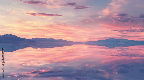 The image exhibits a peaceful, pastel-colored sunset casting its reflection over still salt flat waters photo