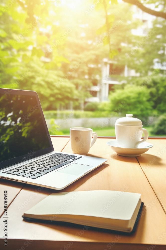 Fototapeta premium Laptop and coffee cup on wooden table with green nature background .