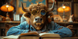 Stylish Bison in Glasses Reading Intently at Cozy Den Banner