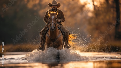 Cowboy Riding Horse Through River