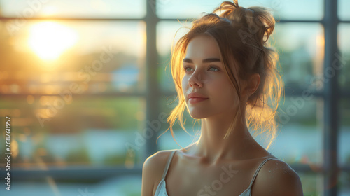 Beautiful young woman looking out window at sunset
