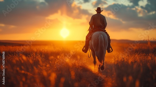 Cowboy Riding Horse in Sunset Field © Ilugram