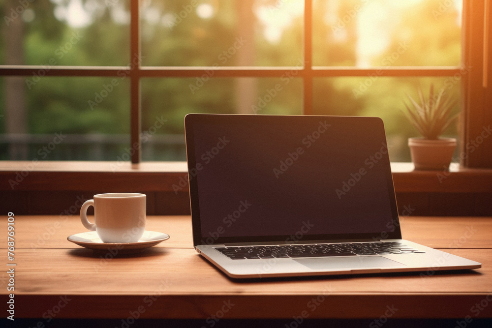 Laptop and coffee cup on wood table in coffee shop with sunlight Laptop and coffee cup on wood table in coffee shop with sunlight