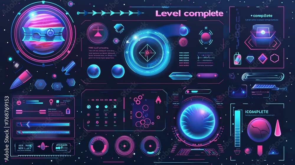 A space-themed game UI kit, complete with all the necessary elements for a 