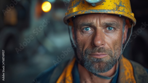 Man in Yellow Hard Hat and Blue Scarf