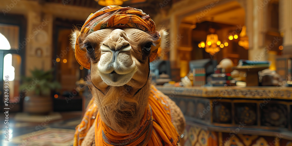 Regal Desert Camel Adorned in Traditional Attire Welcomes You - Banner
