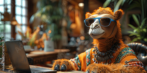 Stylish Camel in Sunglasses Working on Laptop at Cozy Cafe Banner