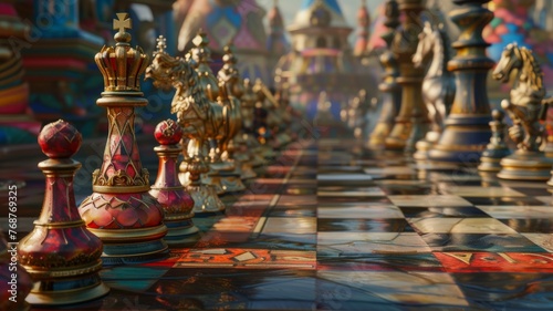 An enchanting scene of a chessboard adorned with whimsical pawns and majestic kings