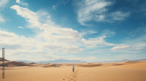 Man walking on sand dune in the desert.