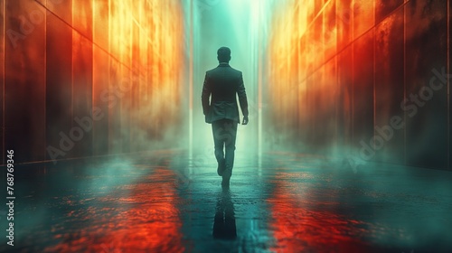 Man Walking in Futuristic City Hallway