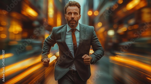 Businessman in Suit and Tie Running Down Street