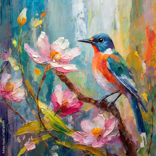 Abstract colorful oil, acrylic painting of bird and spring flower. Modern art paintings brush stroke on canvas. Illustration oil painting, animal and floral for background. © Uuganbayar