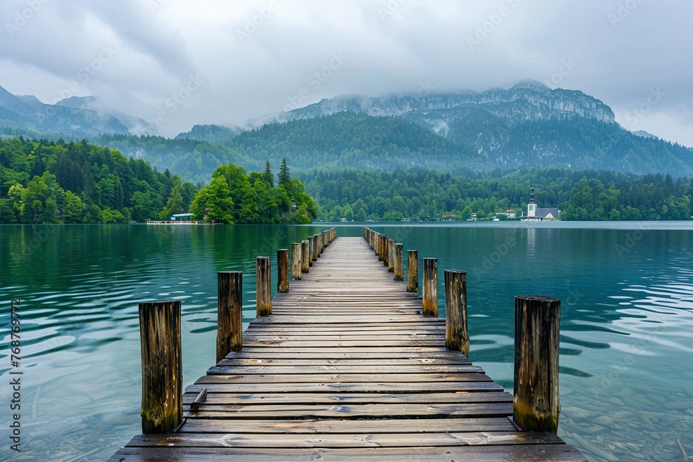 Naklejka premium Wooden Dock Extending Into Lake Bled, Slovenia