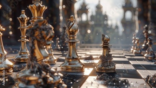 A stunning composition capturing the elegance of a chessboard adorned with exquisitely designed pawns and kings