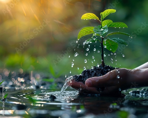 Hands pouring water over a small tree symbolizing care and support for nature s growth and sustainability photo