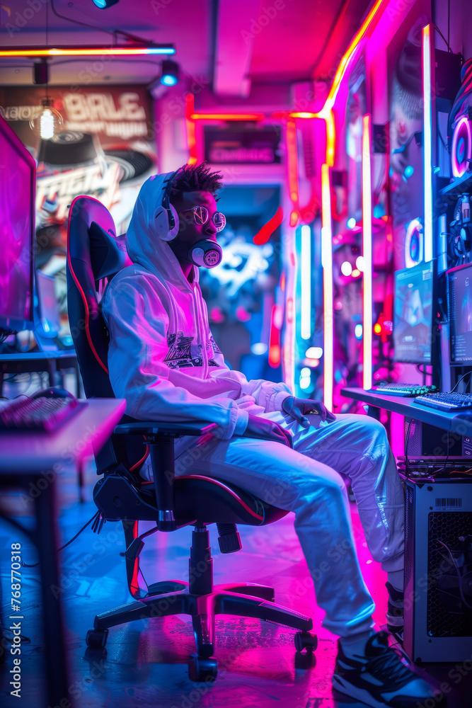 Professional Photography of a Gaming Streamer Immersed in an Intense Gaming Session, Generative AI