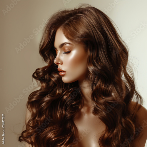 Beautiful young woman with long curly hair. Beauty, fashion.